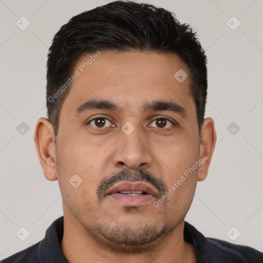 Neutral latino young-adult male with short  black hair and brown eyes