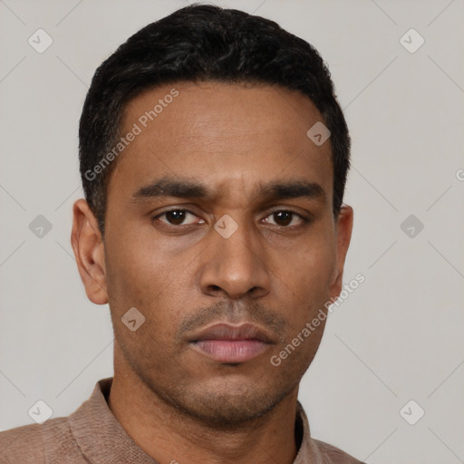 Neutral latino young-adult male with short  black hair and brown eyes