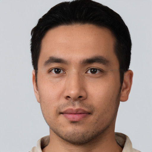 Neutral asian young-adult male with short  black hair and brown eyes