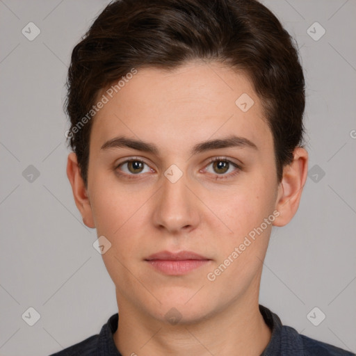 Neutral white young-adult male with short  brown hair and brown eyes