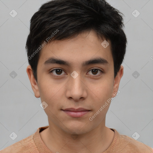 Neutral white young-adult male with short  black hair and brown eyes