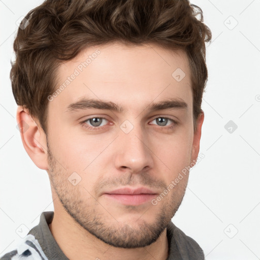 Neutral white young-adult male with short  brown hair and grey eyes