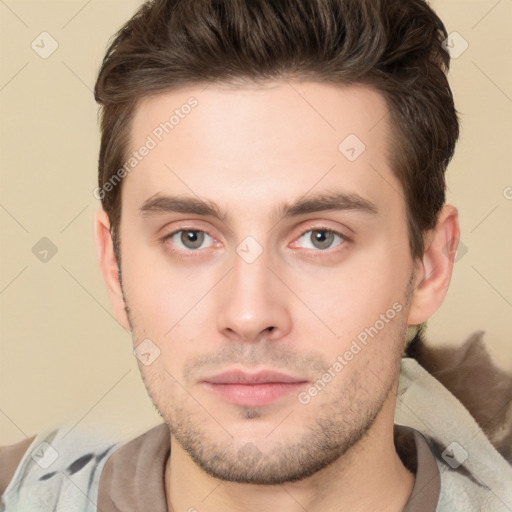 Neutral white young-adult male with short  brown hair and brown eyes