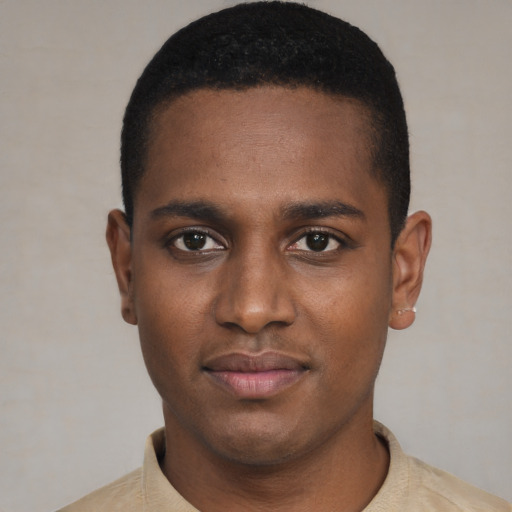 Neutral black young-adult male with short  black hair and brown eyes
