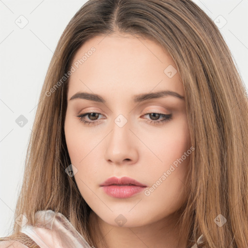 Neutral white young-adult female with long  brown hair and brown eyes