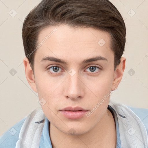 Neutral white young-adult male with short  brown hair and brown eyes