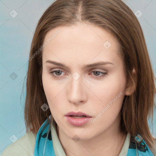 Neutral white young-adult female with medium  brown hair and grey eyes