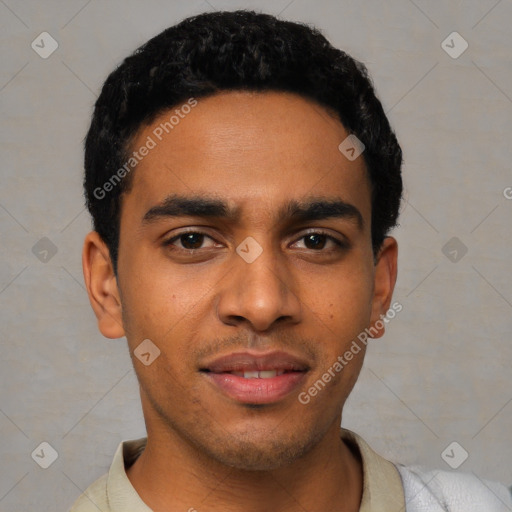 Neutral latino young-adult male with short  black hair and brown eyes