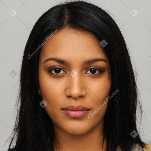 Neutral latino young-adult female with long  black hair and brown eyes