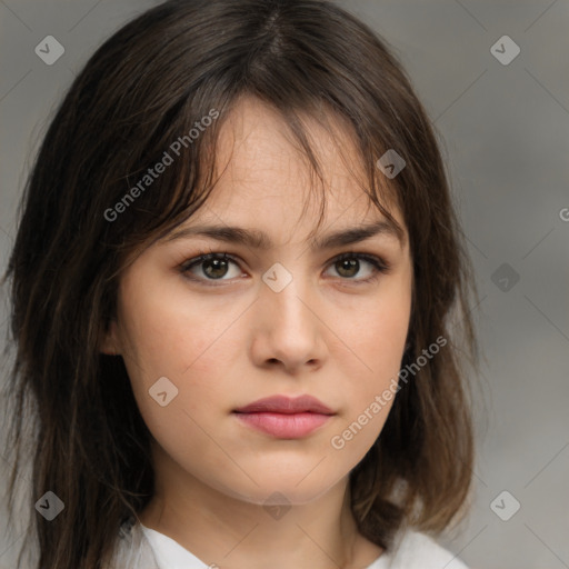 Neutral white young-adult female with medium  brown hair and brown eyes