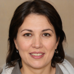 Joyful white adult female with medium  brown hair and brown eyes