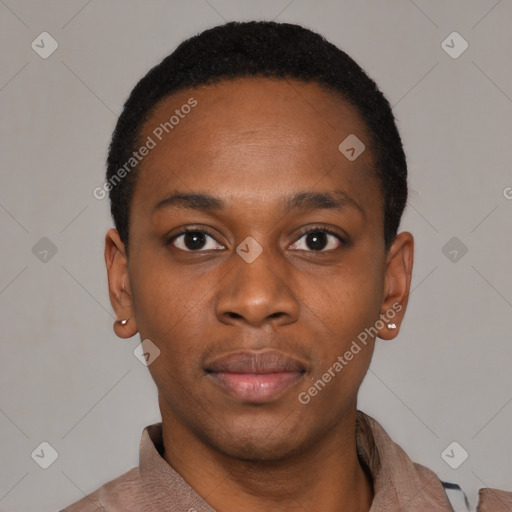 Neutral black young-adult male with short  black hair and brown eyes