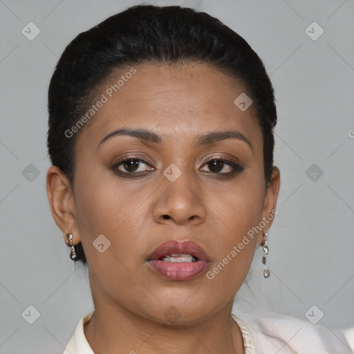 Neutral black young-adult female with short  brown hair and brown eyes