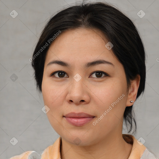 Joyful asian young-adult female with medium  brown hair and brown eyes