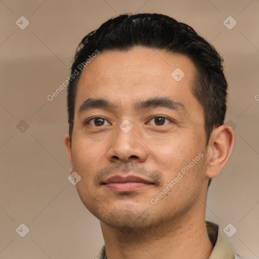 Neutral asian young-adult male with short  black hair and brown eyes