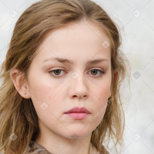 Neutral white young-adult female with medium  brown hair and grey eyes