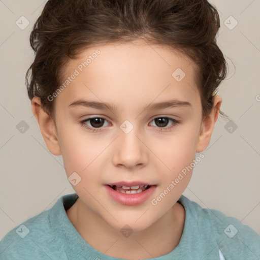 Joyful white child female with short  brown hair and brown eyes