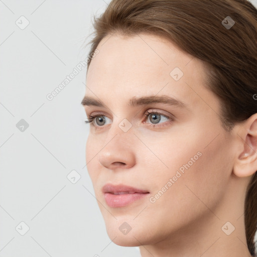 Neutral white young-adult female with medium  brown hair and grey eyes