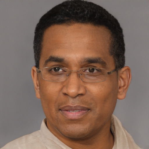 Joyful black adult male with short  black hair and brown eyes