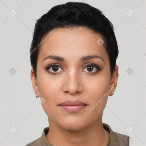 Neutral latino young-adult female with short  black hair and brown eyes