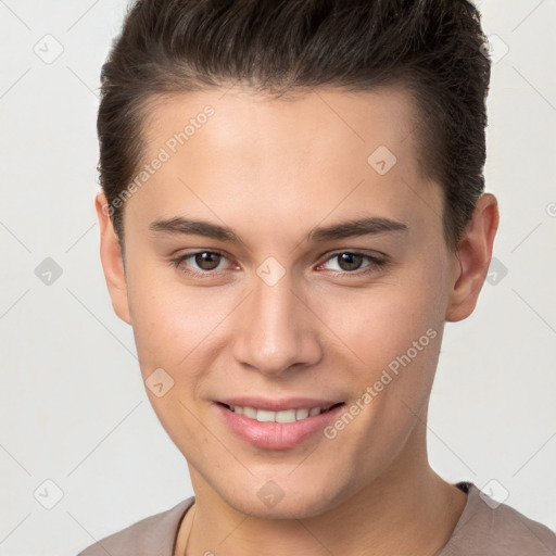 Joyful white young-adult female with short  brown hair and brown eyes