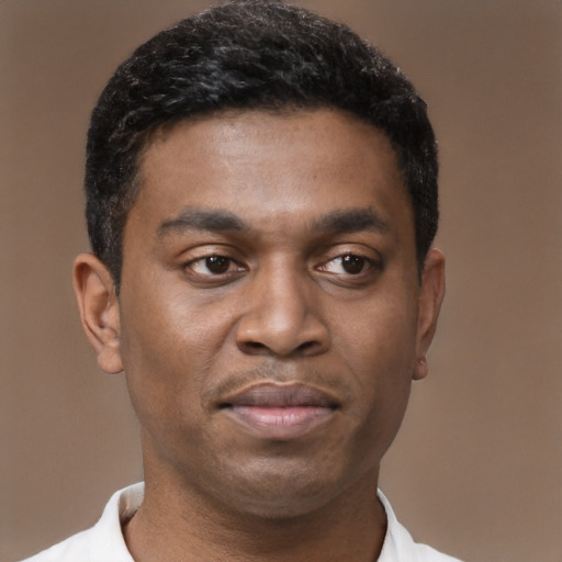 Joyful black young-adult male with short  black hair and brown eyes