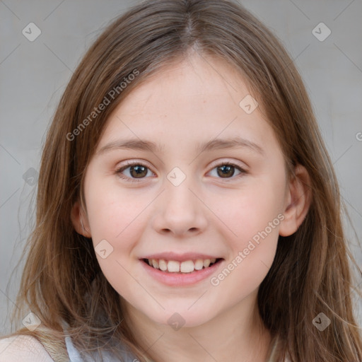 Joyful white child female with medium  brown hair and brown eyes