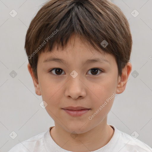 Joyful white child female with short  brown hair and brown eyes