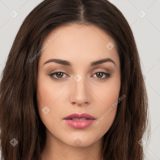 Neutral white young-adult female with long  brown hair and brown eyes