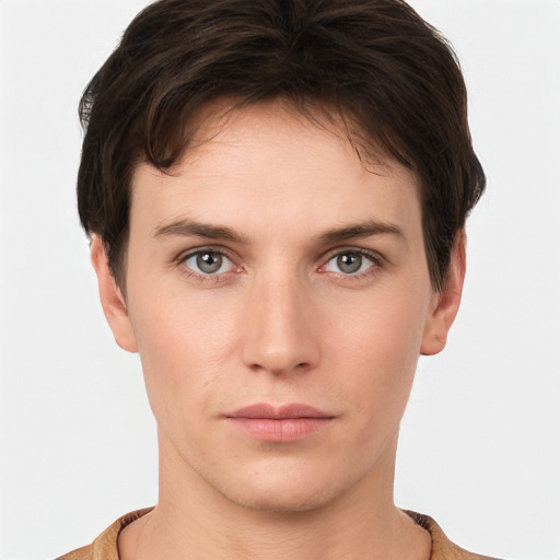 Neutral white young-adult male with short  brown hair and brown eyes