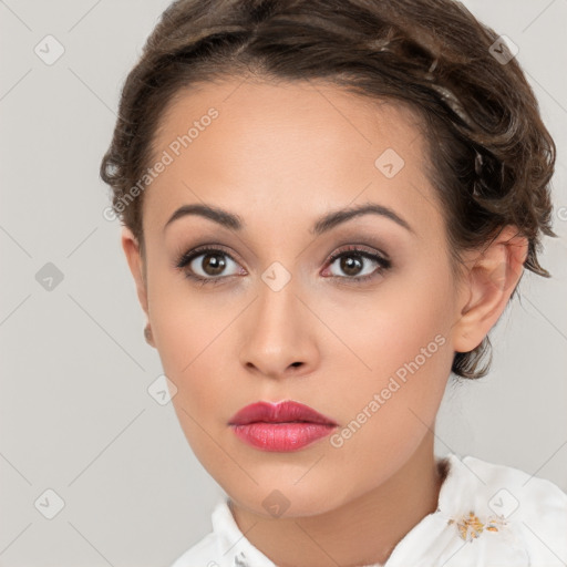 Neutral white young-adult female with short  brown hair and brown eyes