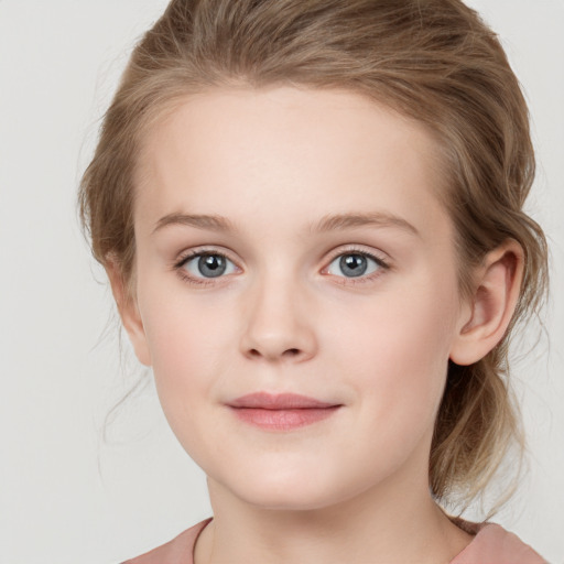 Joyful white child female with medium  brown hair and blue eyes