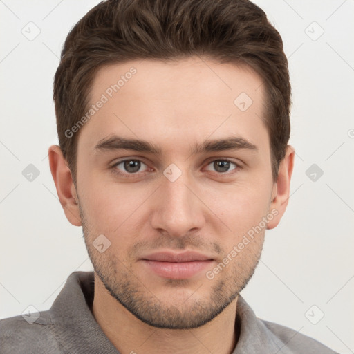 Neutral white young-adult male with short  brown hair and brown eyes