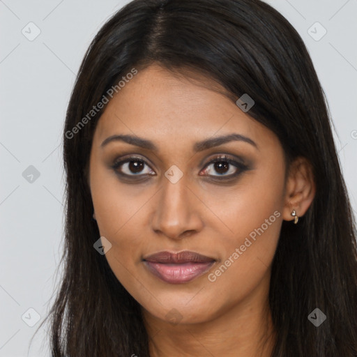 Joyful asian young-adult female with long  brown hair and brown eyes