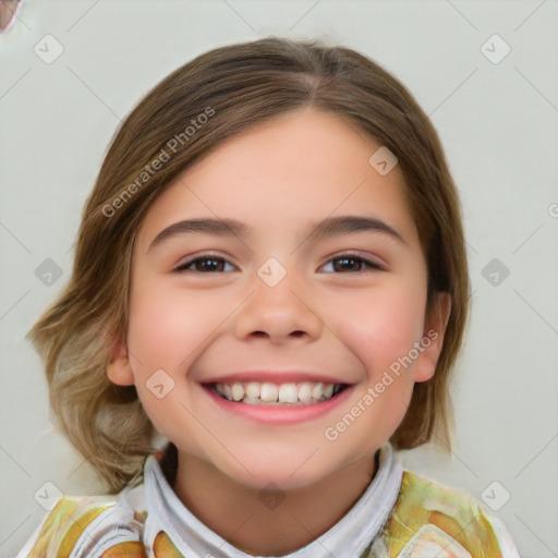 Joyful white child female with medium  brown hair and brown eyes