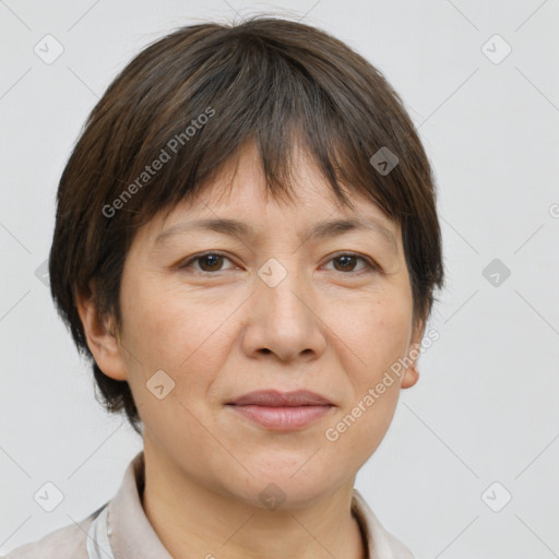 Joyful white adult female with short  brown hair and brown eyes