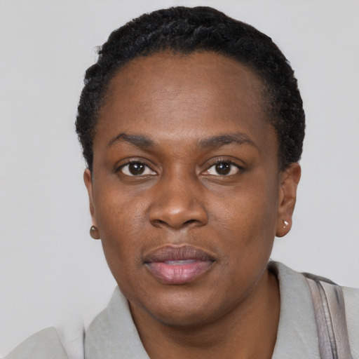 Neutral black young-adult female with short  black hair and brown eyes