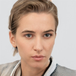 Neutral white young-adult female with short  brown hair and brown eyes