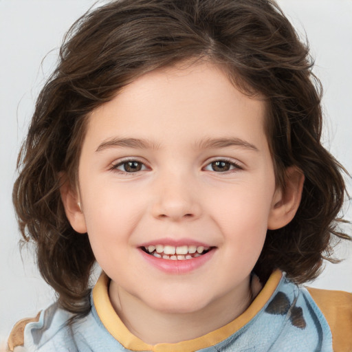 Joyful white child female with medium  brown hair and brown eyes