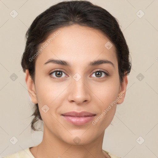 Joyful white young-adult female with short  brown hair and brown eyes