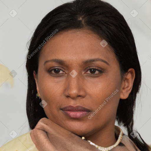 Joyful asian adult female with medium  brown hair and brown eyes