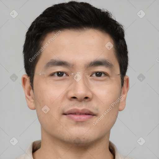 Neutral asian young-adult male with short  black hair and brown eyes