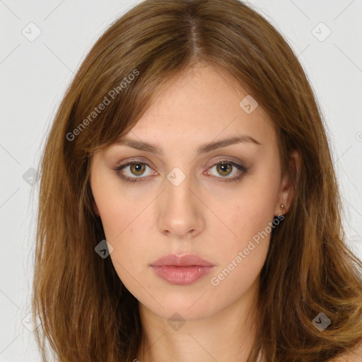 Neutral white young-adult female with long  brown hair and brown eyes