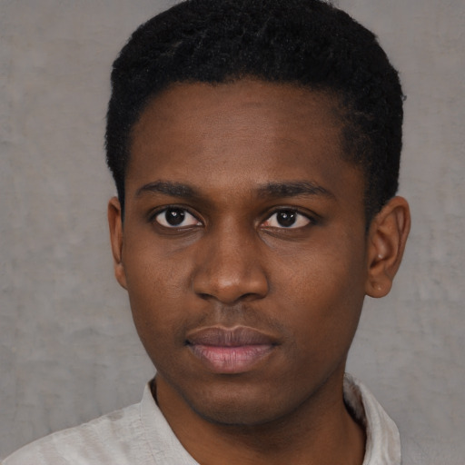 Neutral black young-adult male with short  black hair and brown eyes