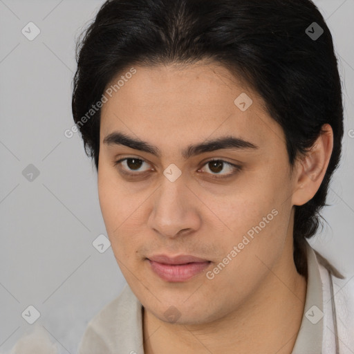 Joyful latino young-adult female with medium  brown hair and brown eyes