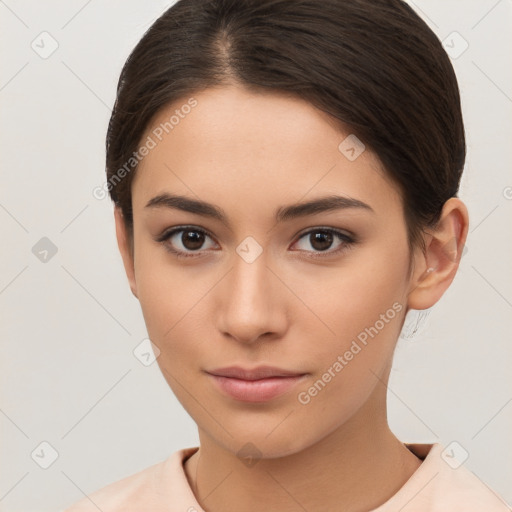 Neutral white young-adult female with short  brown hair and brown eyes