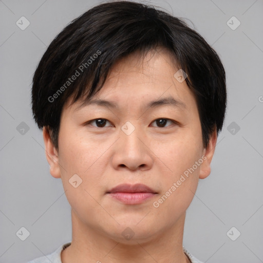 Joyful asian young-adult male with short  brown hair and brown eyes