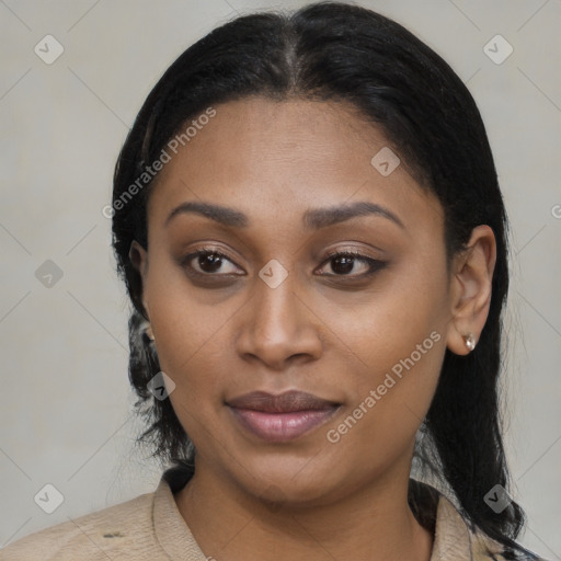 Joyful black young-adult female with medium  brown hair and brown eyes