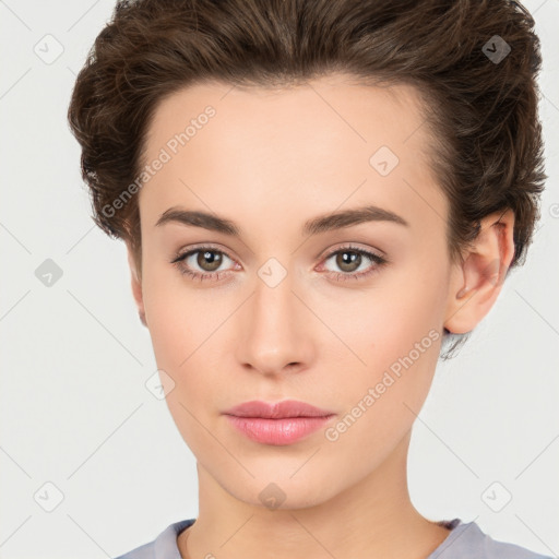 Neutral white young-adult female with short  brown hair and brown eyes