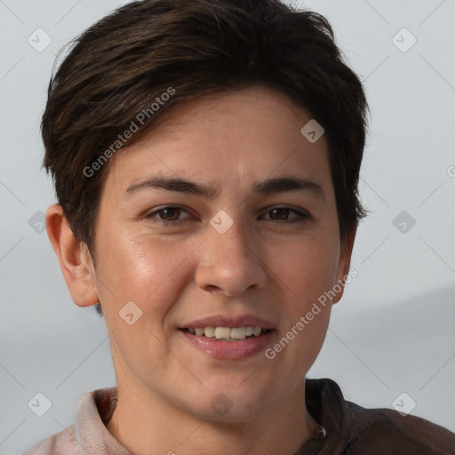 Joyful white young-adult female with short  brown hair and brown eyes